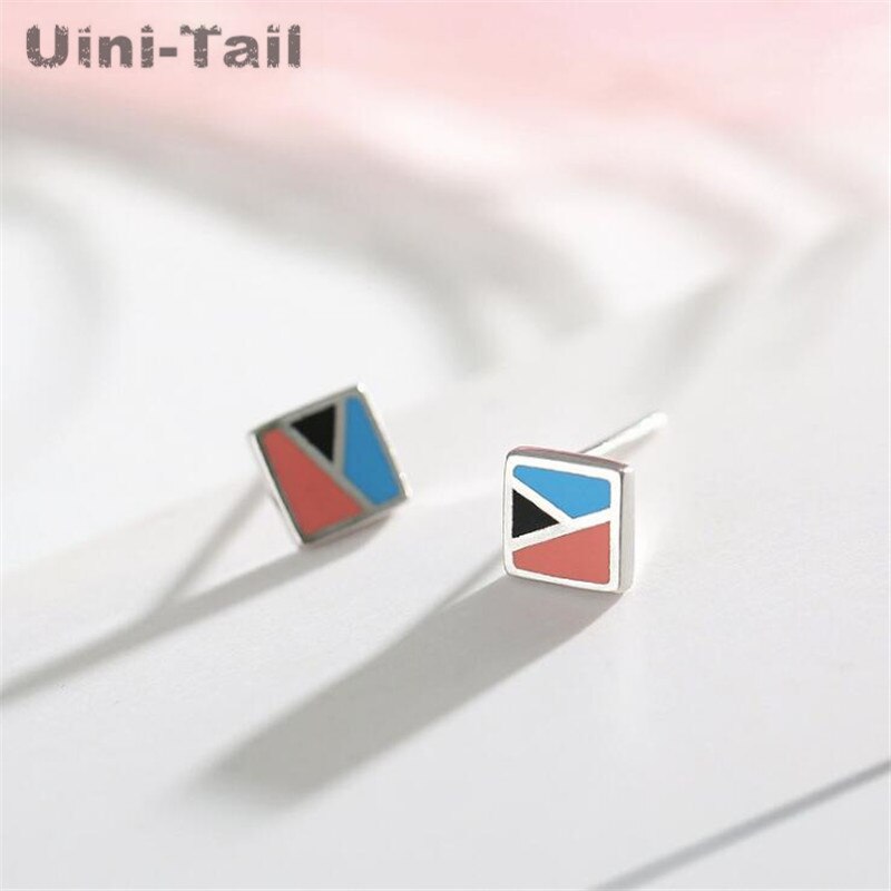 Uini-Tail 925 Sterling Zilveren Druppel Olie Kleur Geometrische Stud Oorbellen Eenvoudige Persoonlijkheid Kleine En Prachtige ED180: square