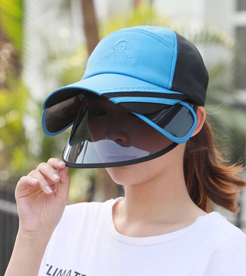 Sun Visors for Women Men Face Cover Protection Sun Shield Visor Hats Adjustable Long Visor Brim Face Shield Anti-Droplet Unisex: Sky Blue Black