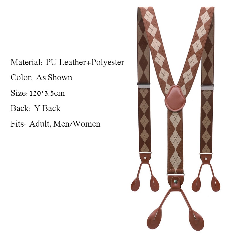 Unisex vintage seler herre seler justerbar 6 -knaps seler elastisk y-form strop bukser brun læder pu