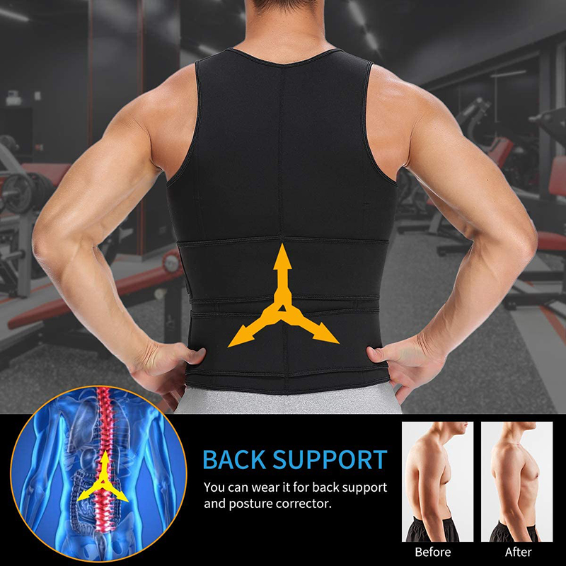 Neoprenowy męski czopiarki Sweat, kamizelka dla mężczyzn gorset Waist Trainer Vest regulowane urządzenie do modelowania sylwetki treningu z podwójny zamek błyskawiczny na kombinezon do sauny