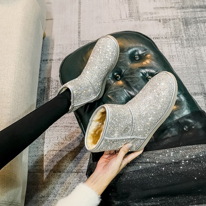 Botas de nieve con cristales brillantes para mujer, botines con cuentas plateadas, con plataforma acolchada de felpa, talla grande 34-43, NS69, Invierno