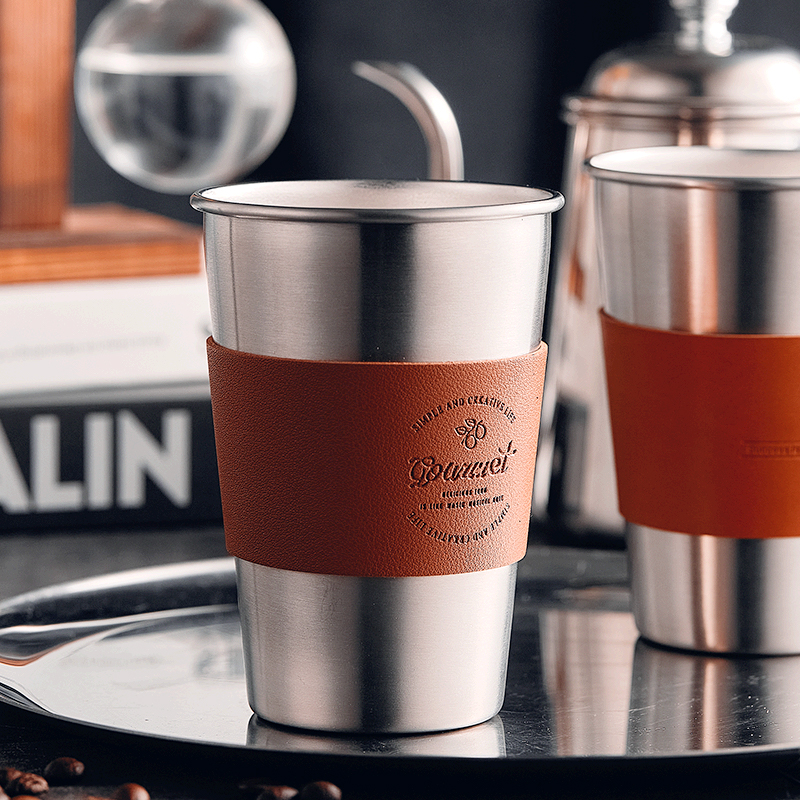 BINCOO Stainless Steel cup Beer Mug PU Holder 500ml Outdoor Camping Protable Coffee Mug customization Logo