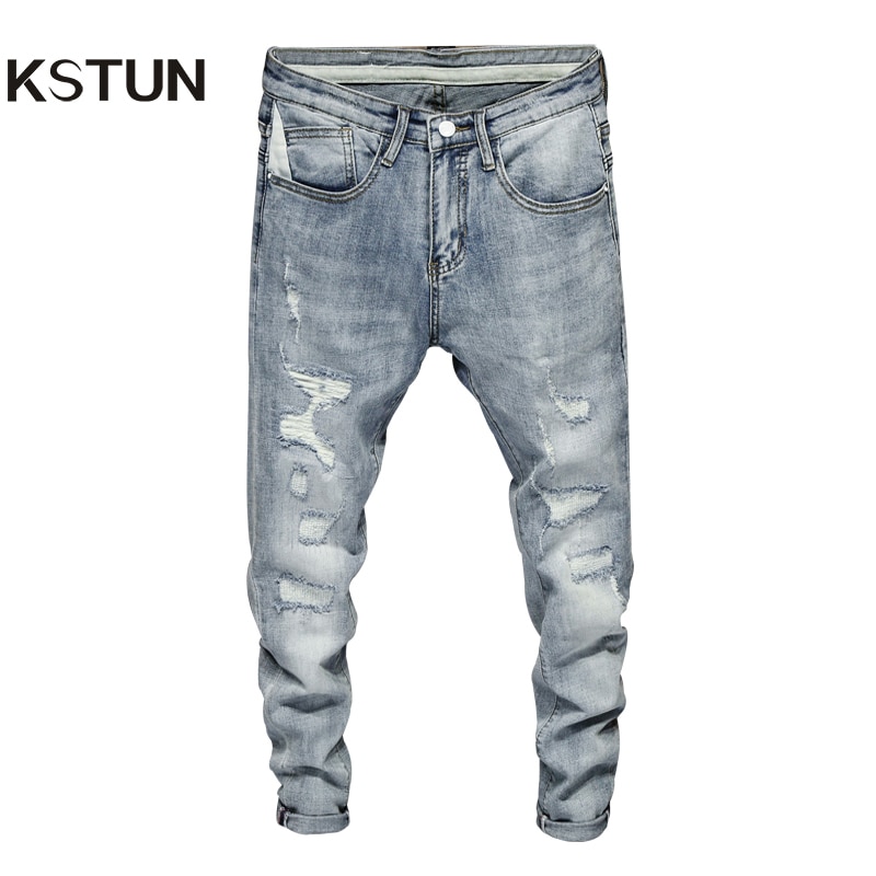 Zerrissene Jeans für Männer Dünne Licht Blau Grau strecken Dünne Bein Streetwear betrübt Moto Radfahrer Jeans Männlichen Denim Hosen Hüfte hüpfen