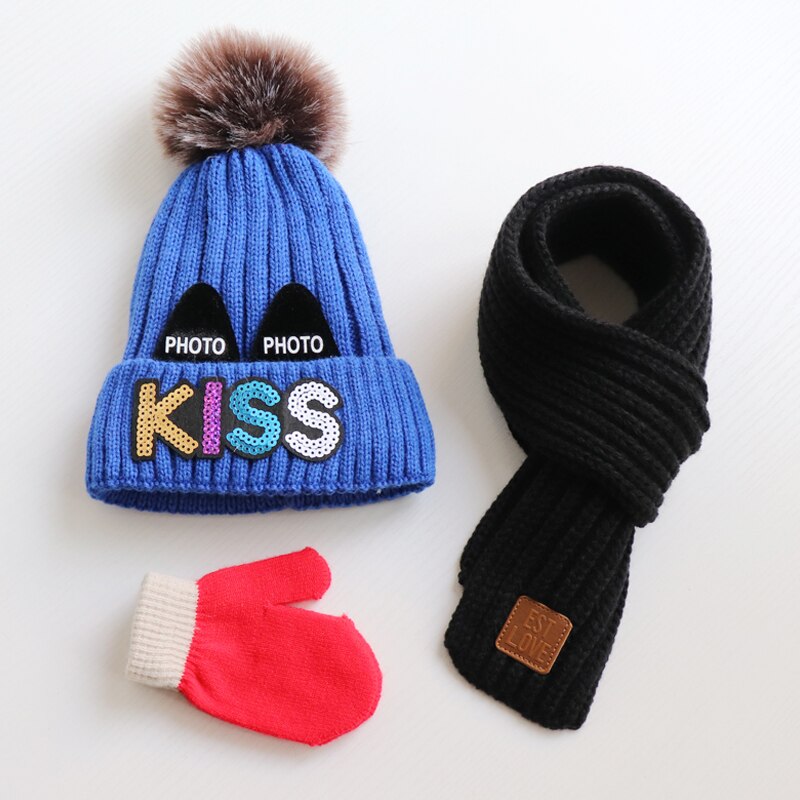 Baby hat scarf gloves three - piece set Autumn winter children's hat scarf Thick woolen hats for boys and girls Cute woollen hat: deep blue  black