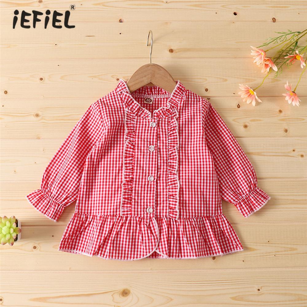 Baby Girls Blouse Autumn Cute Long Sleeves Red Check Pattern Baby Clothes O-Neck Bottoming Shirt Cotton Children Clothing