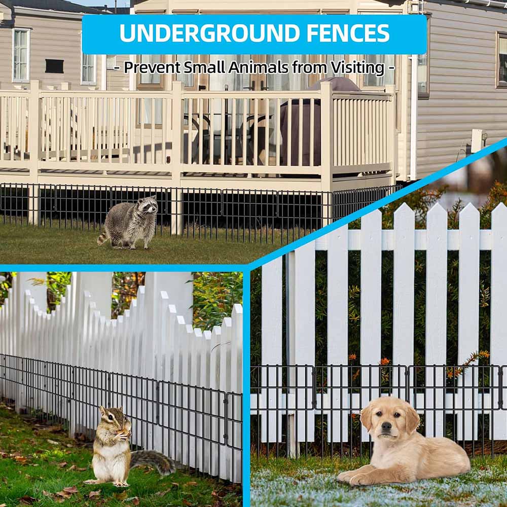 10 pack animal barrier fence, black coated steel rust resistant metal garden fence, dog and rabbit fence for outdoor use