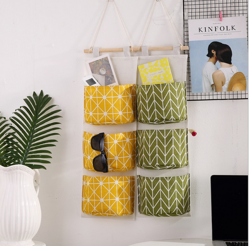 Organizador de lino y algodón para colgar en la puerta de la pared, bolsas de almacenamiento para decoración del hogar, armario, cosméticos, juguetes, 3 bolsillos
