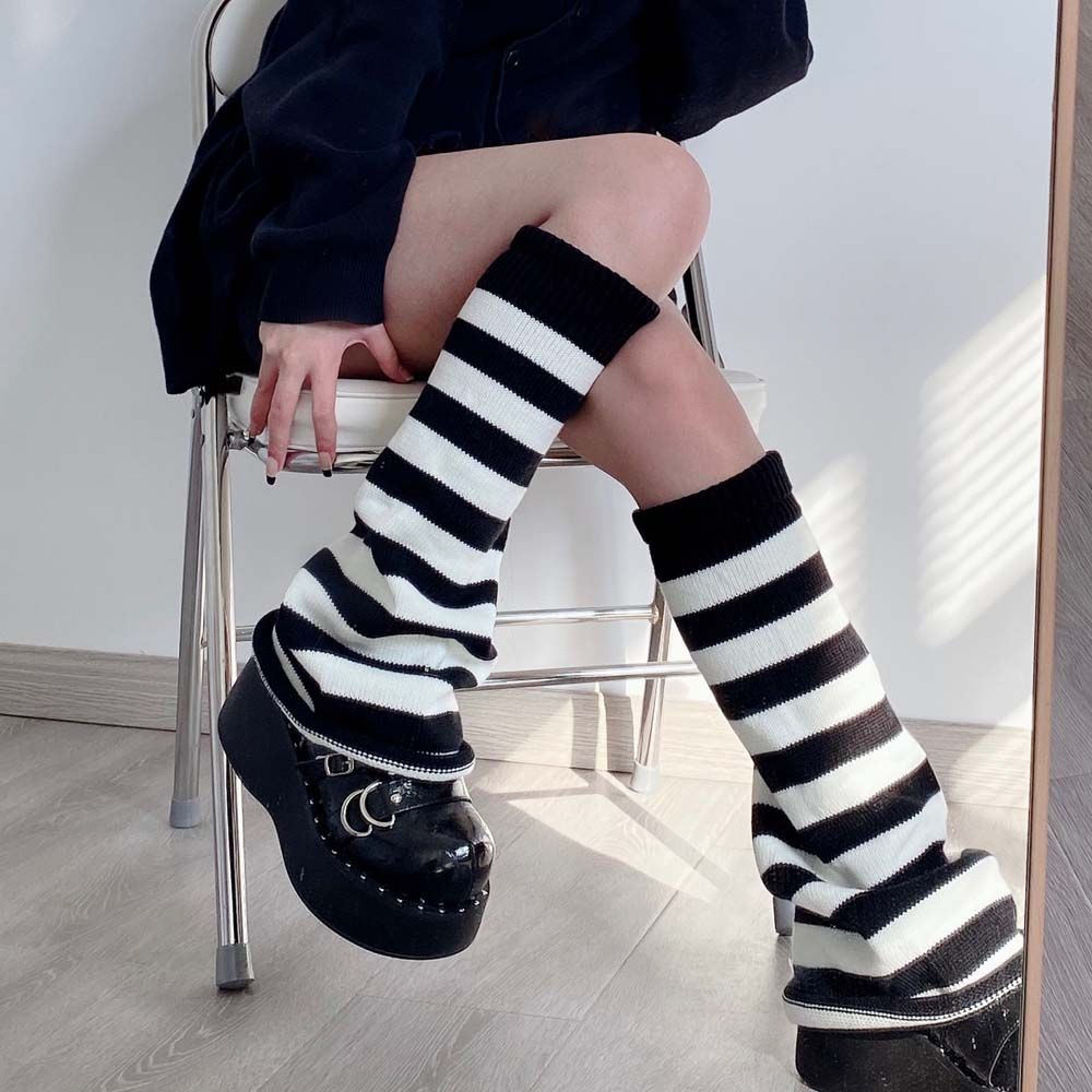 Lolita – jambières longues japonaises gothiques pour femmes, Leggings à rayures, guêtres, chaussettes d&#39;hiver tricotées, manchettes, chauffe-chevilles
