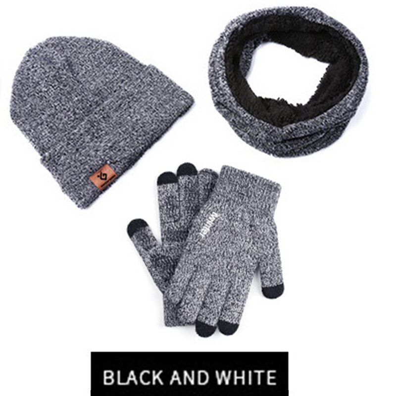 Efterår og vinter hat tørklæde handsker strikket tredelt dragt mænd og kvinder par uld plus fløjl varme handsker sæt: Sort hvid