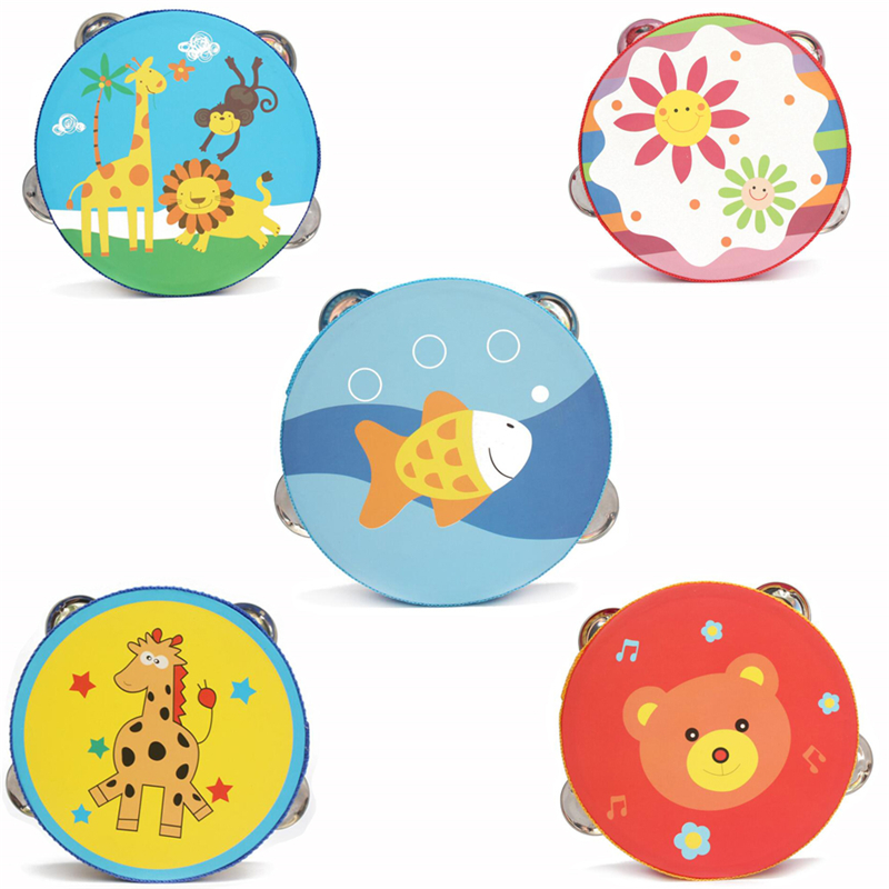 Pandereta de mano de madera con dibujos animados, 15cm, campana de mano de estilo libre, instrumento de percusión Musical para familiar, pandereta para niños