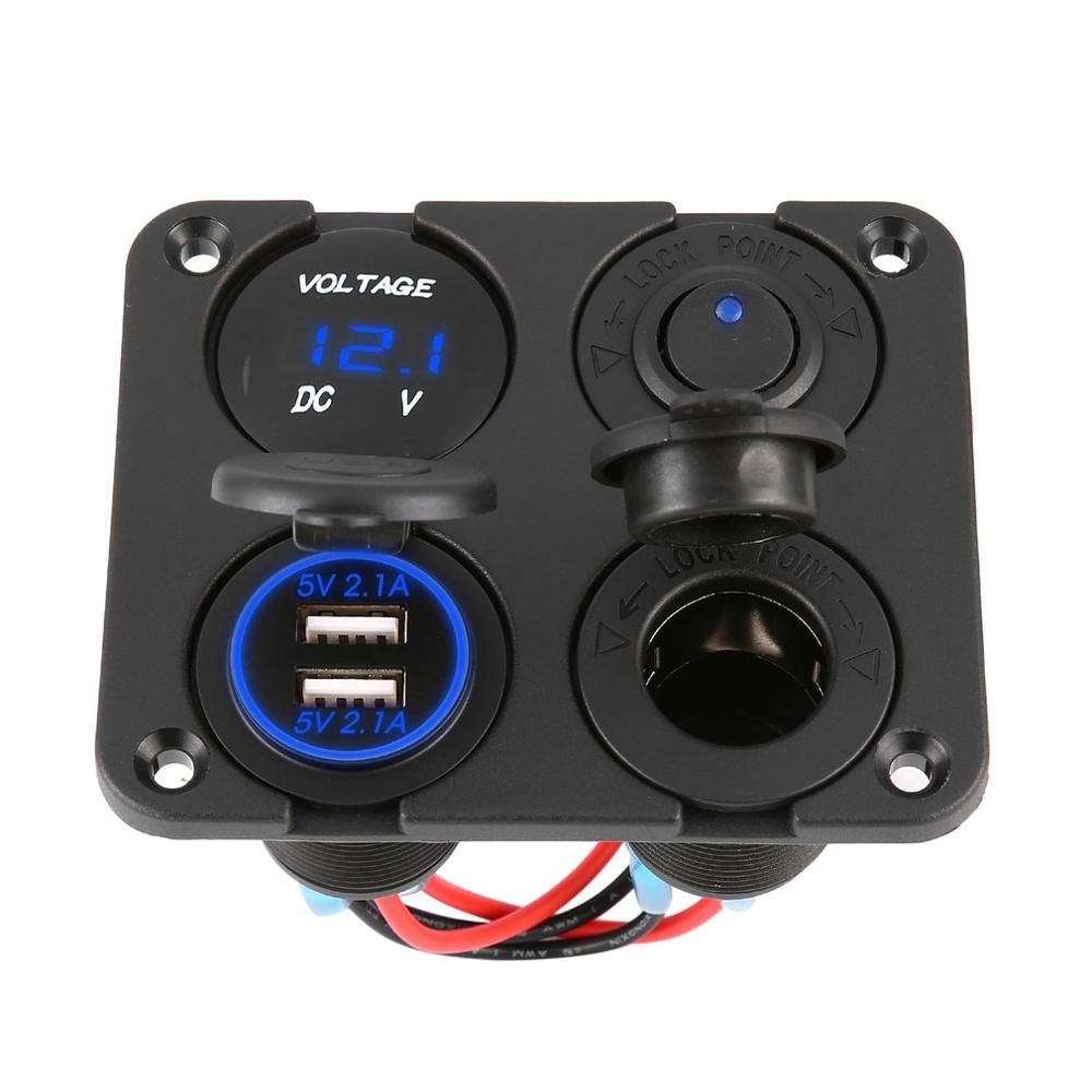4 in 1 Dual USB Ports Car Charger + LED Voltmeter + 12-24V Power Socket + On-Off Switch Car Marine Boat LED Switch Panel: Blue