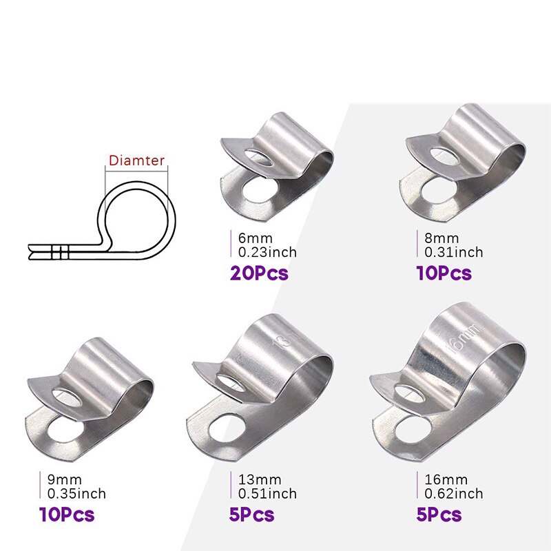 304 Rvs Kabel Klemmen Ortment Kit, Zonder Rubber Cushioned Geïsoleerde Klem, Klem (50 Stuks)