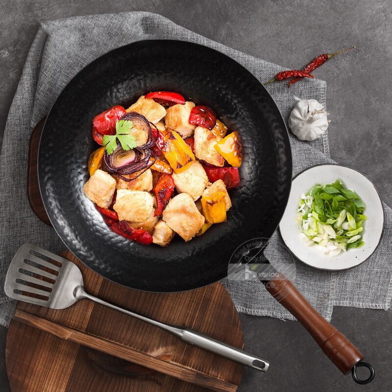 Konco Niet-Gecoat Gietijzeren Wok Non-stick Pan Rookloze Gebakken Pan Kok Potten Keuken Kookgerei Chef Pan koken Gereedschap