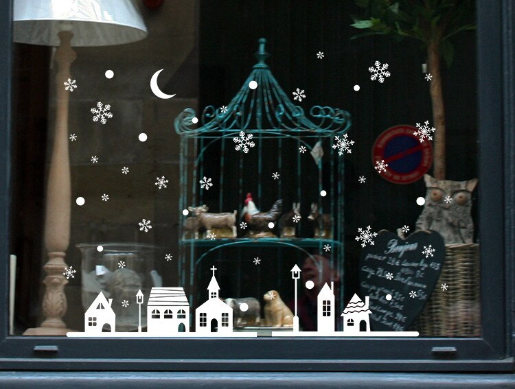 Sticker Christmas Shop Window Decoration Wall Stickers Kids Room DIY Snow Christmas Snowflakes Town Wallpaper Decoration #45
