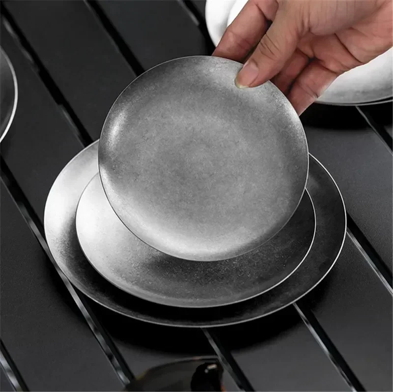 304 ronde vintage dessertbord Creatieve steak Pastaplaat Roestvrij staal Eettafel Taartbak Ondiepe borden set Japanse gerechten