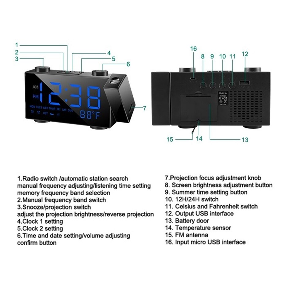 Digitale Projectie Wekker 2 Alarm Dimbare Klok FM Radio Thermometer Usb-poort Opladen Weer Kalender Tijd Projectie