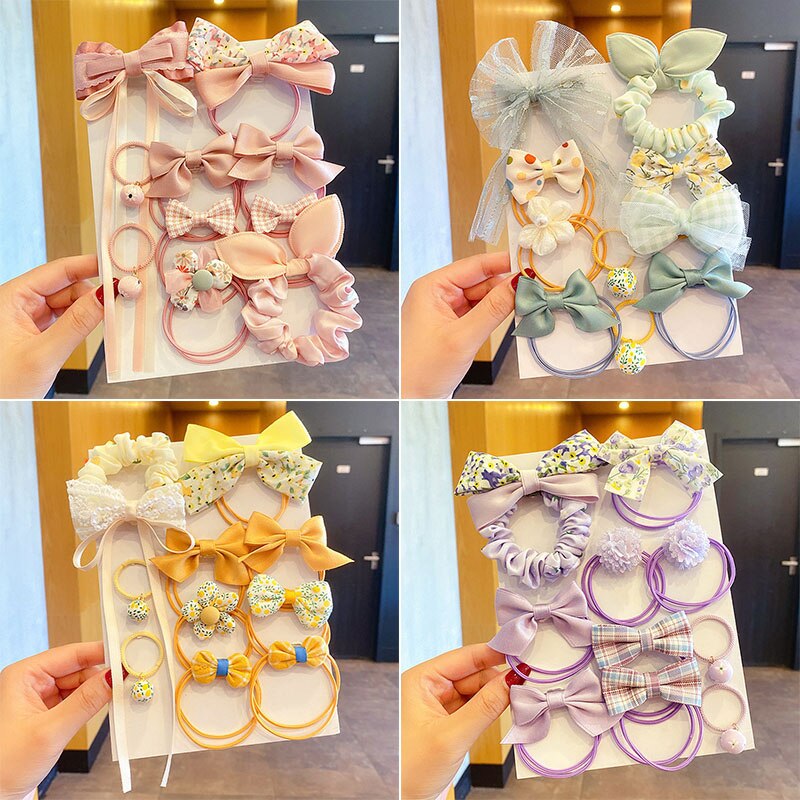 10 Stks/set Kinderen Boog Haarbanden Bloem Plaid Kids Elastische Elastiekjes Scrunchies Hoofddeksels Voor Meisjes Baby Haar Accessoires
