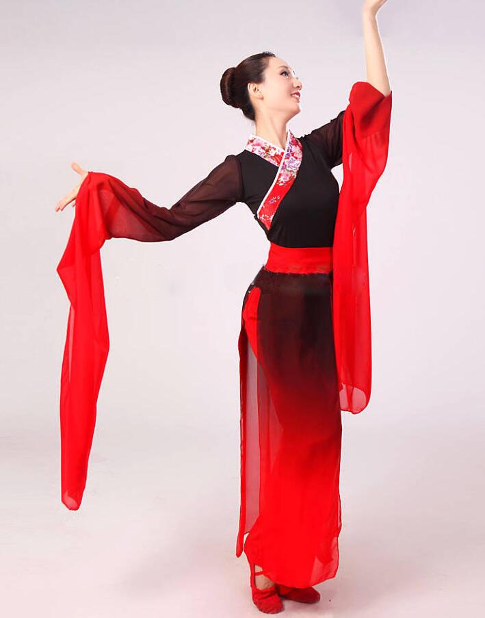 Woman Gradient Ink Water Sleeves Costumes Chinese Classical Dance Clothes Black Red Long Sleeves Hanfu Ancient Fairy Set