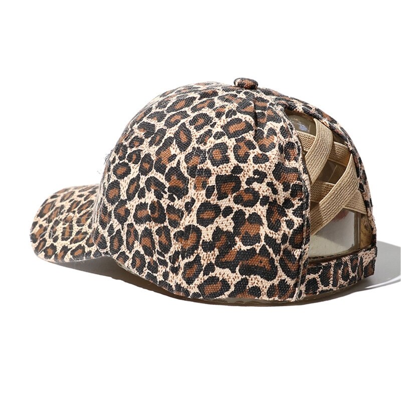 Casquette de Baseball délavée et déchirée pour femmes, motif camouflage léopard, motif croisé, queue de cheval, haut chignon en désordre, protection solaire, chapeau de camionneur