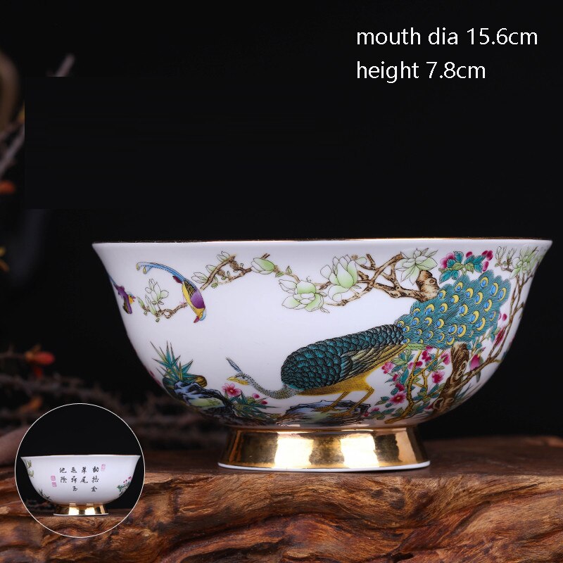 Jingdezhen Ceramic Antique Bowl Tableware Household Bowl Noodles Bowl Gold Painted Large Rice Bowl Soup Bowl High Foot Bowl: peacock bowl x 1