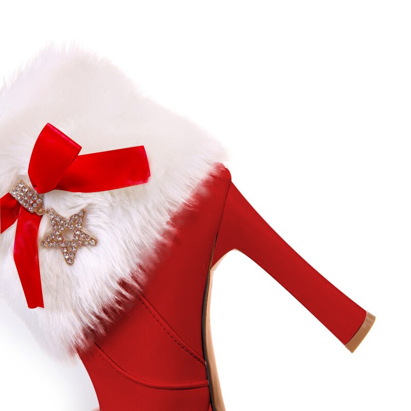 Dames kerst sneeuwlaarzen dames rode enkellaarsjes dames hoge hakken plateau schoenen winter dames strik warme bontlaarzen
