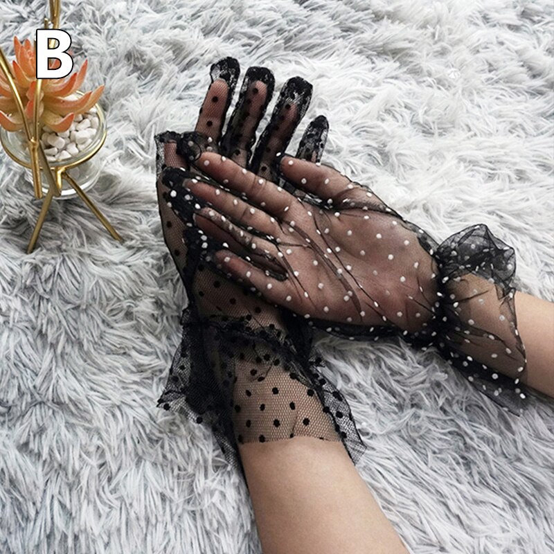 Gants en Tulle pour femmes, 1 paire, transparents, courts, imprimés à pois, noirs, blancs, en maille, pour soirée en Club, robe de danse,: B-28x8cm