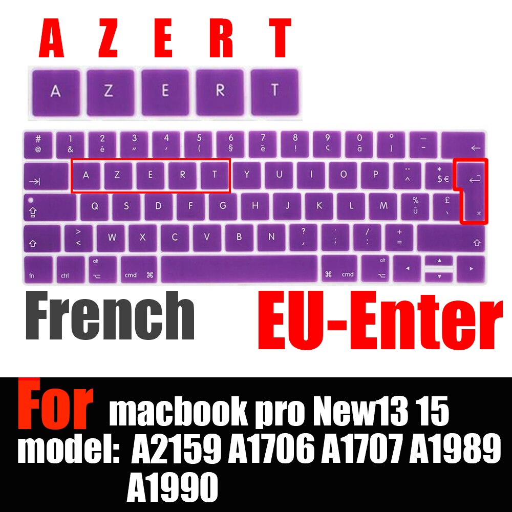 Francuski układ osłona klawiatury ue dla macbook touchbar 13 "15" A1990 A1989 A1707 A1706 folia ochronna na klawiaturę laptopa AZERT: Fioletowy