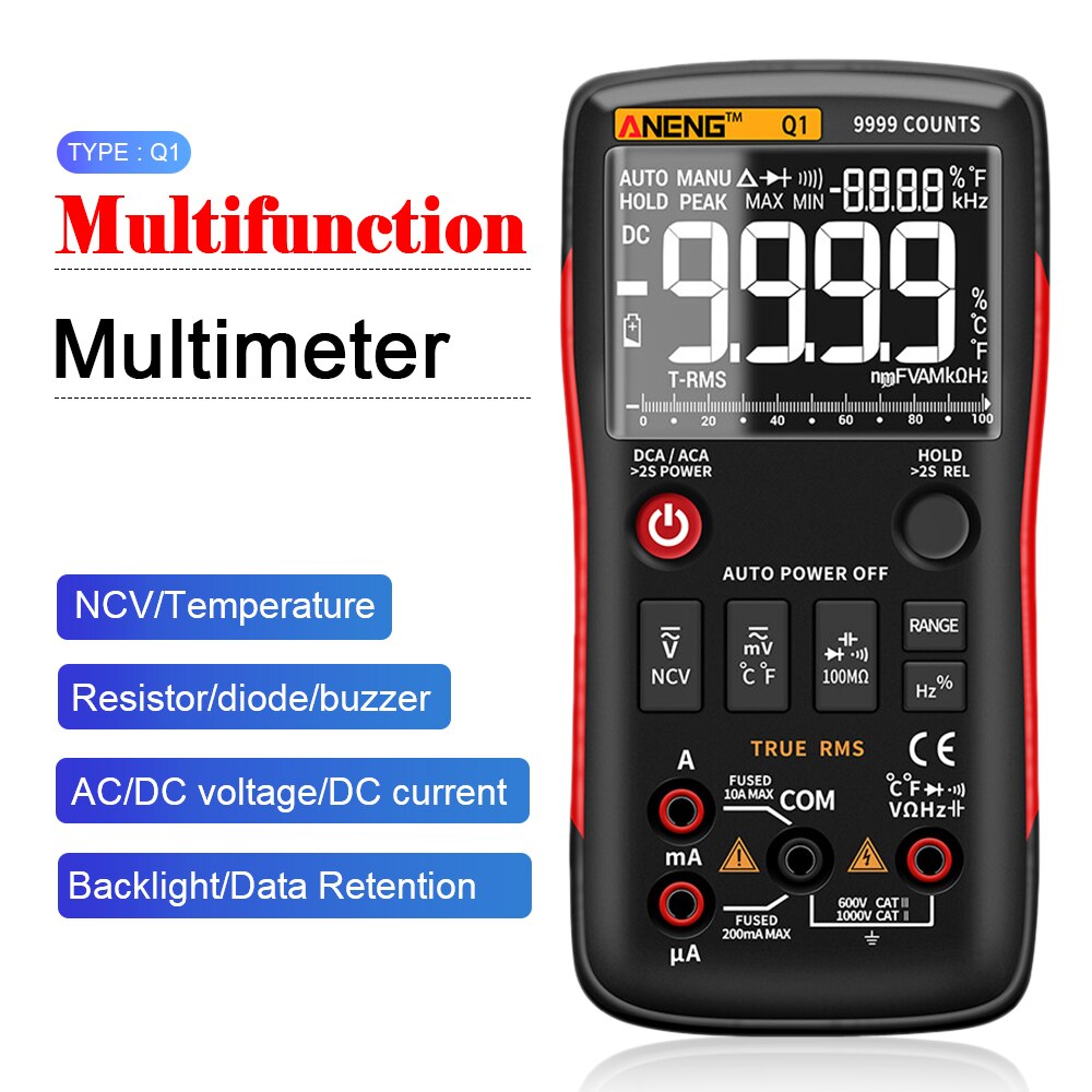 Q1 Multimeter Digital Capacitor 9999 Counts Analog Multimetro True RMS Auto Transistor NCV Ohm Tester