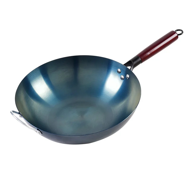 Traditionele wok met platte bodem, ongecoat en ingebrand, geschikt voor thuisgebruik, elektrische keramische kookplaat, antiaanbaklaag.: Zwart / < 15cm