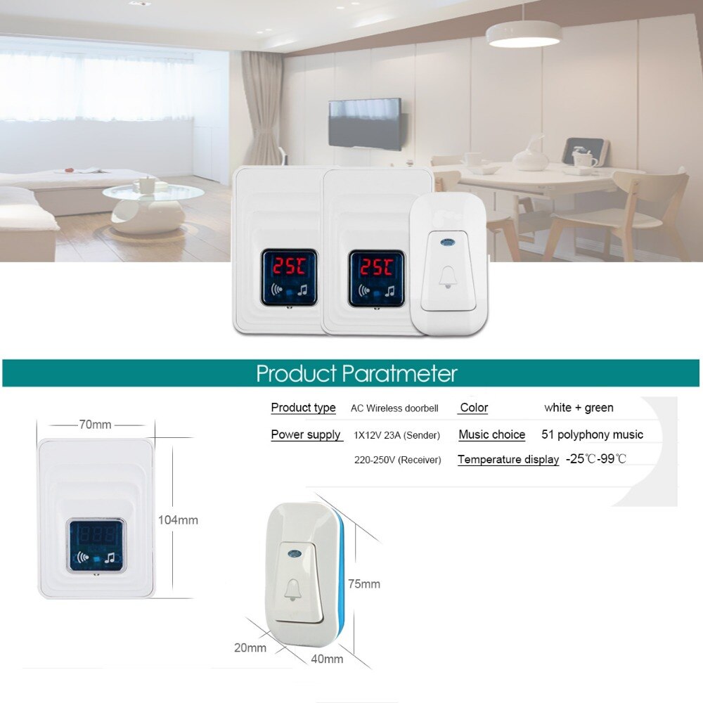 Wireless Digital Door Chime 51 Melody AC/DC Wireless Door Bell Waterproof with Temperature Display F1760B