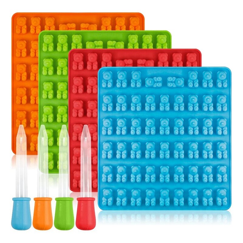 53 håligheter färgglada silikon björn gummy godis mögel med 4 dropper för diy godis, gelé, kaka, choklad, is  -4 pack: Default Title