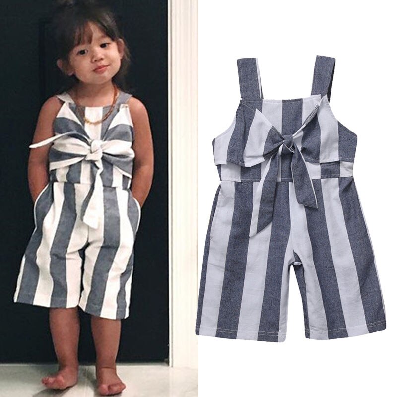 3-6T Kids Baby Girl Striped Bell Bottom Pants Overalls One-Pieces Strap Rompers Jumpsuit Outfit Clothes Gray White Bodysuit