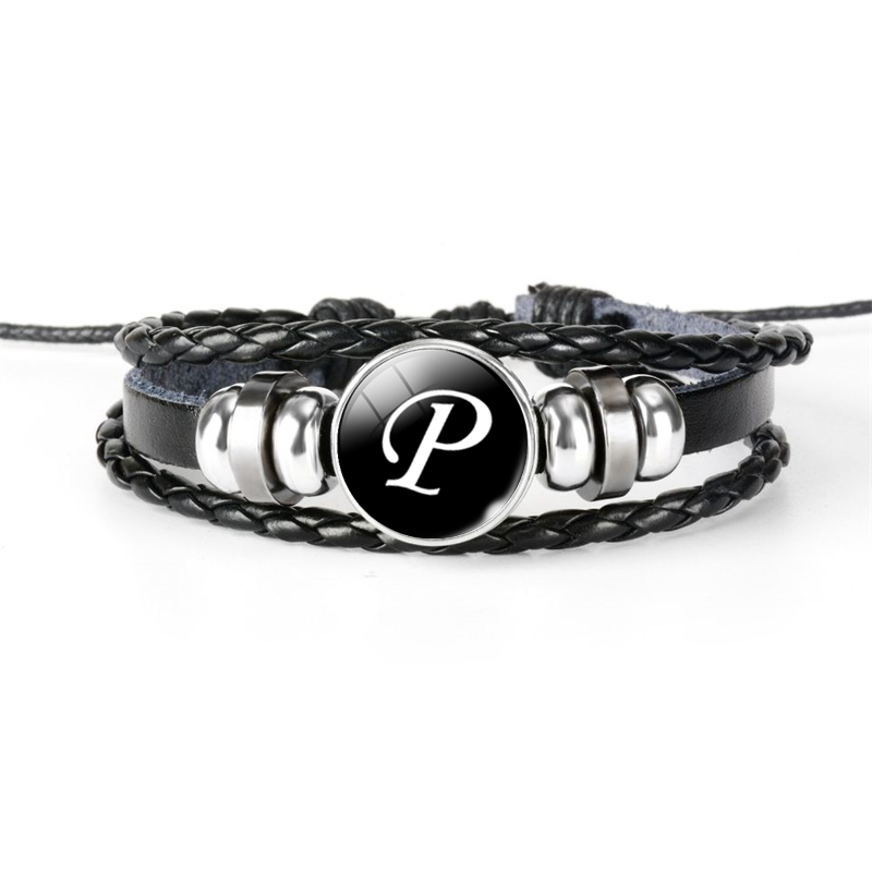 Pulsera de cuero con hebilla de cristal de 26 letras A-Z, nombre de identificación, amistad, pulsera tejida negra ajustable para niños y niñas como familiar: Chapado en zinc azul