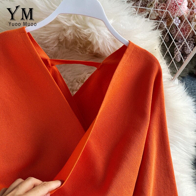 Yuoomuoo Vrouwen Lange Mouw Trui Jurk Vrouwen Trui Casual Herfst Winter Jurk V Hals A-lijn Korte Mini Gebreide Jurk