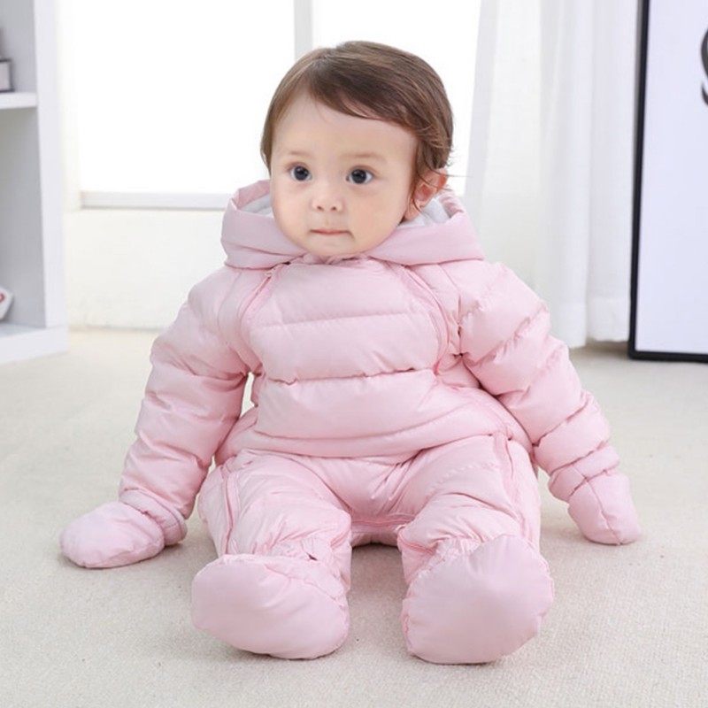 Weixinbuy Winter Zuigeling Rits One-Stukken Pompom Hooded Romper Footies + Handschoenen + Schoenen Baby Meisjes Jongens Warm Snowsuit 0-24M