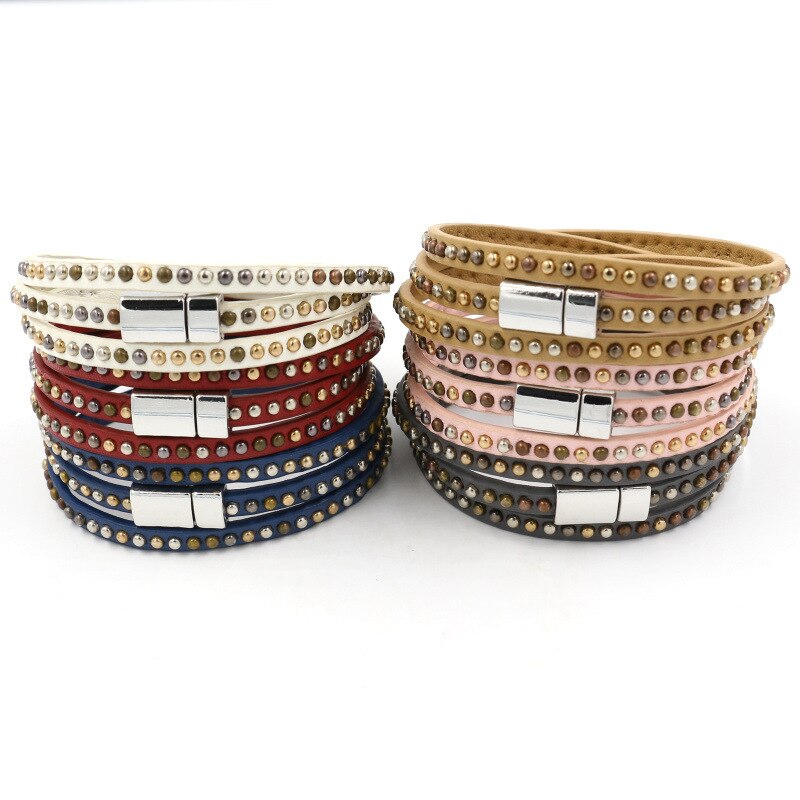 Rushed Bileklik Bracelet Restoring Ancient Ways Punk Man Multilayer Pu Leather Bracelet With Four Color Rivet Women Long