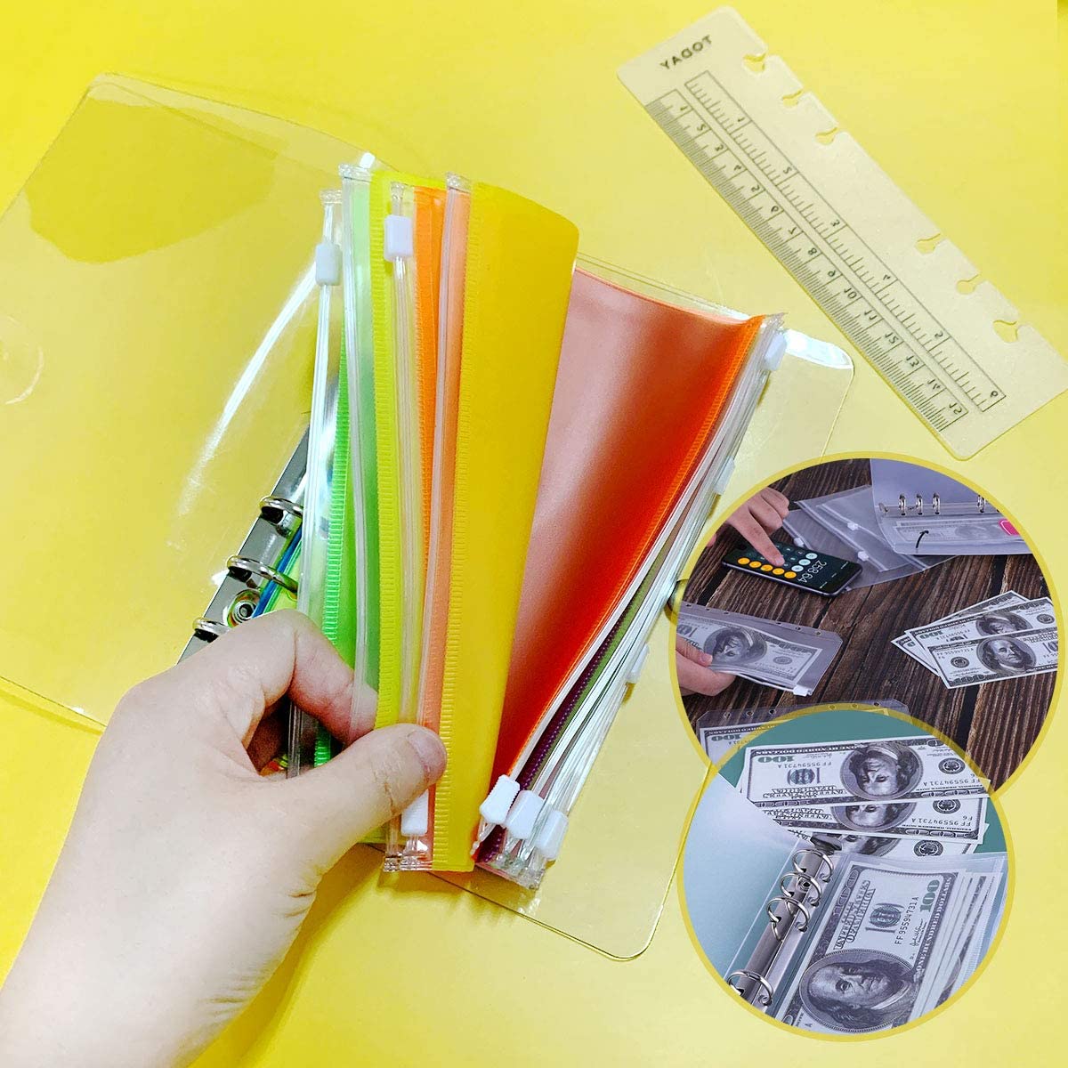 A6 Clear PVC 6 Ring Binder Budget Planner Organizer Notebook Waterproof Folders with 12 Colorful Zipper Binder Pockets,A Ruler