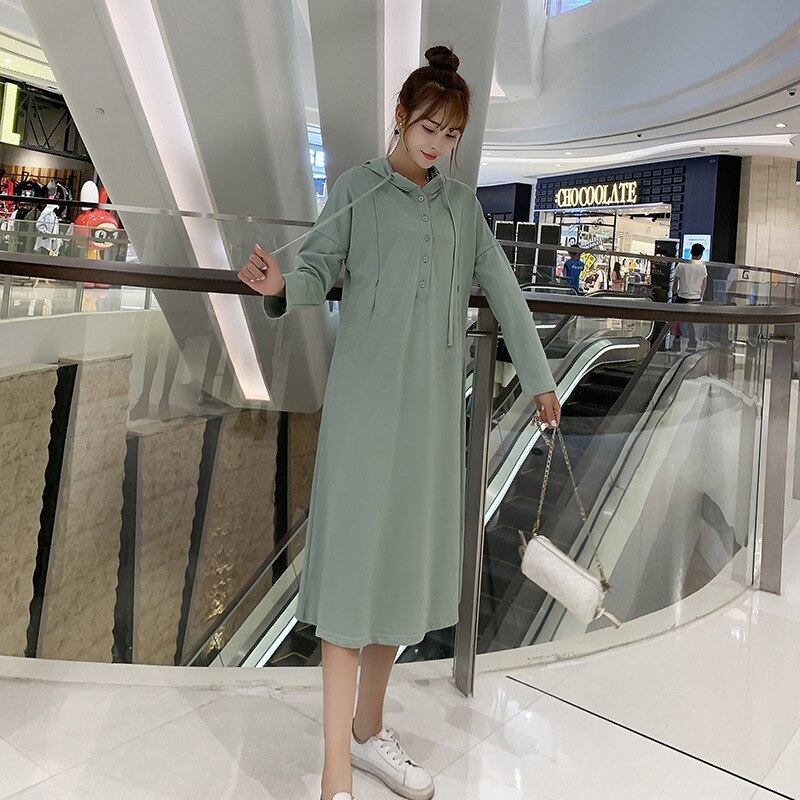 Koreansk stil løs afslappet barsel amningskjole til gravide ammekjole med langærmet hætteklædning: Lysegrøn / L