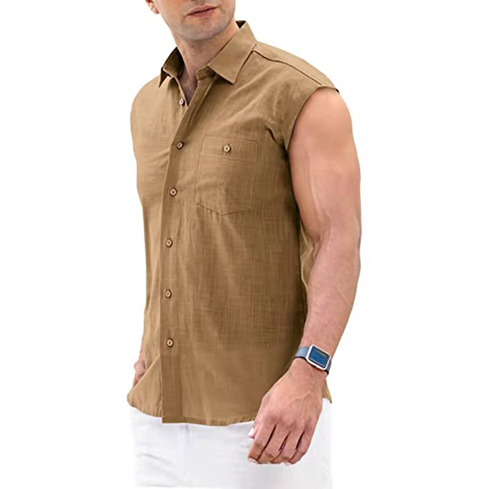Nouvelle chemise d'été pour hommes, nouvelle , sans manches, solide, col rabattu, boutonné, lin, coton, hauts hommes Harajuku Streetwear: Marron / L