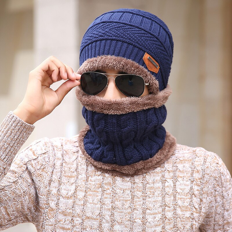 Conjunto de gorros de lana de Coral para hombre, bufanda cálida y transpirable, gorro de punto de lana con letras, gorro de doble capa, para invierno, Uds.: man blue