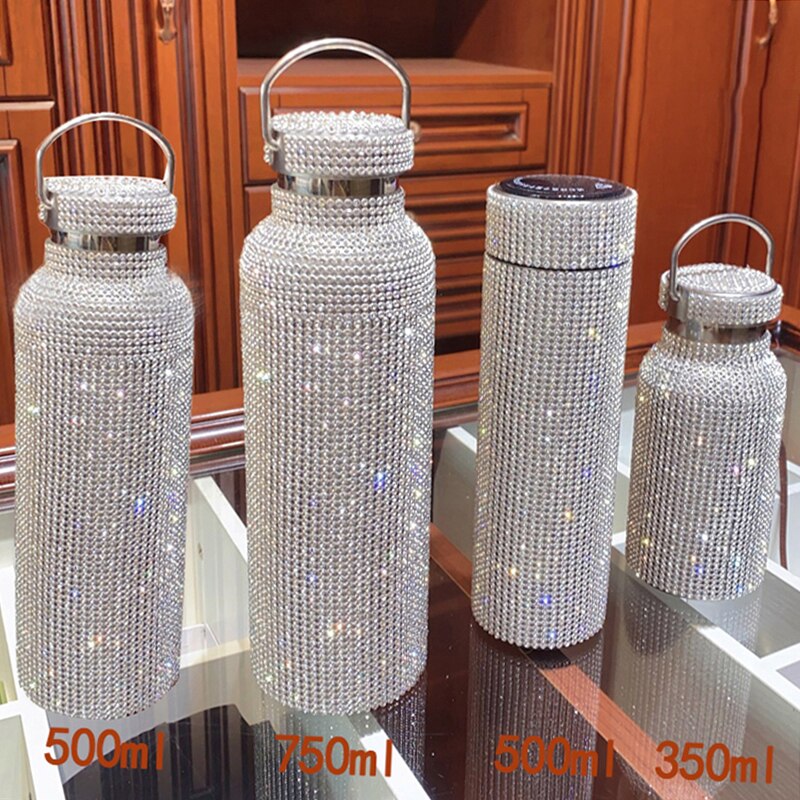 350/500/750 Diamant Water Fles Thermos Thermoskan Rvs Warmte Thermos Draagbare Zilver Water Flessen