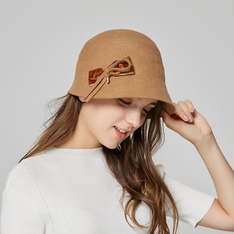 Girls Wool Hat Autumn Winter Noble Fedoras Hats Girls Dome Cap Students Floral Hat Leisure Fedora Hat B-8692: Khaki