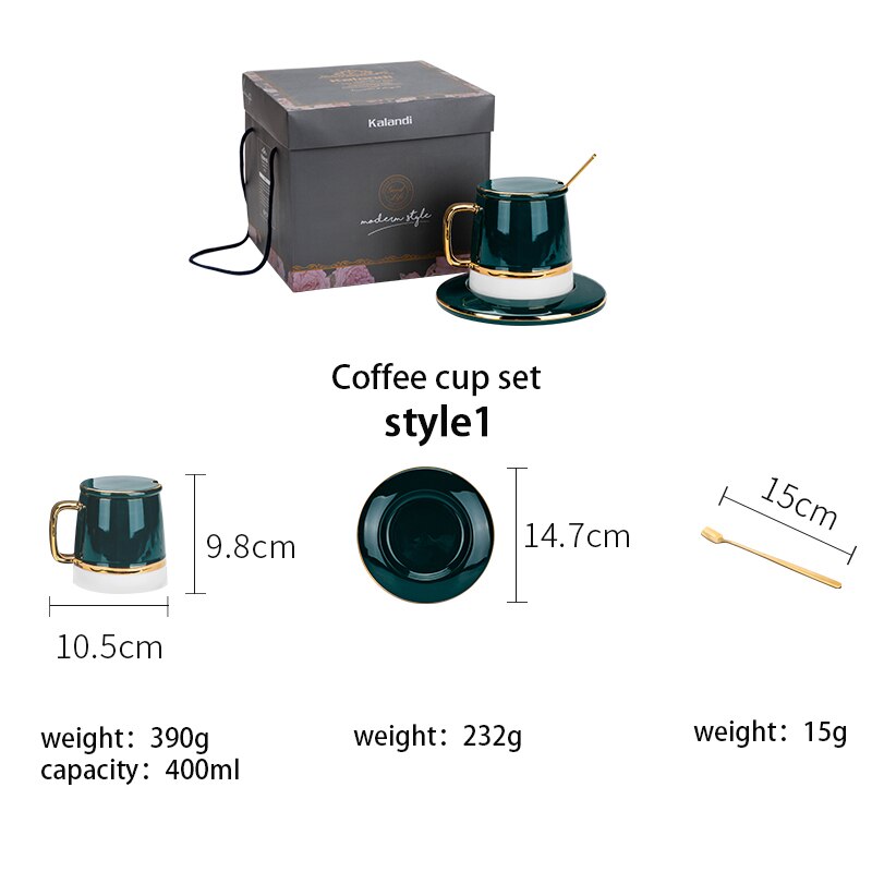 Juegos de tazas de café verde, con esterilla y cucharas, tapa de Taza de cerámica, juegos de cubiertos de leche para el desayuno, caja de para cumpleaños de San Valentín: coffee cup set 2