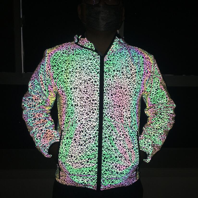 Autumn winter men personality colorful stripe reflective jacket hip hop coat women harajuku shiny reflect light chaqueta hombre