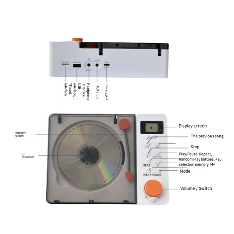 CABE-CD Player Retro Dual Speakers Bluetooth 5.3 Speakers Fever-Grade Integrated CD Player Audio USB TF Card FM AUX: black