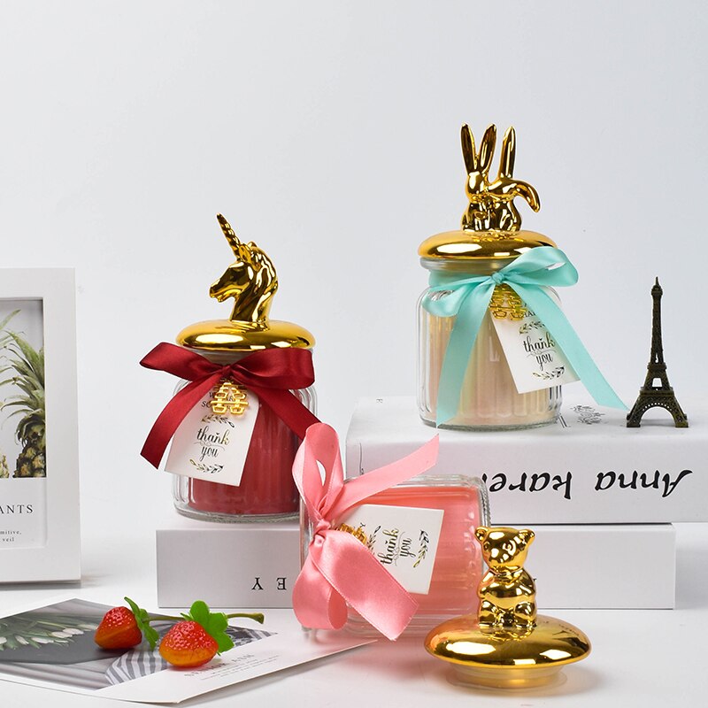 Nordic Storage Bottles Gold Plated Ceramic Cover Glass Jar Color Candy Snack Storage Tank Cartoon Animal Shape Home Decoration