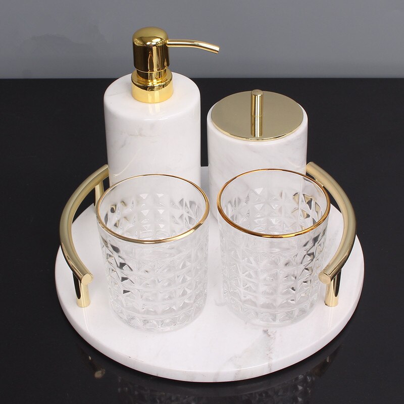 Marmor Badezimmer Zubehör einstellen Seife Spender/Gerichte Zahnbürste Halfter & Gurgeln Tassen Gewebe/Baumwolle Tupfer Kasten Fach Hochzeit