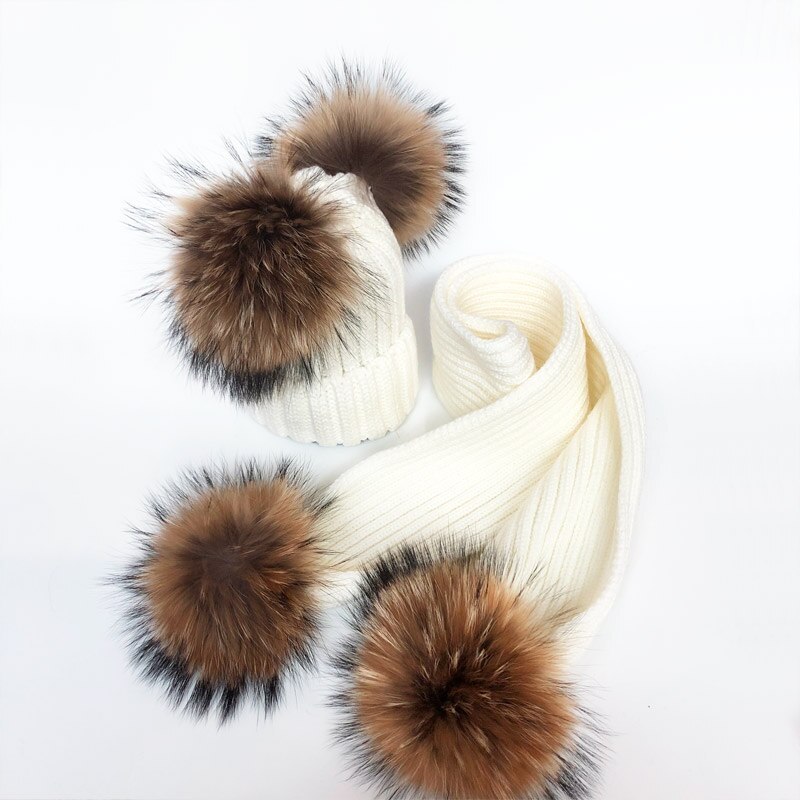 Ouder-kind Winter hoeden Schattige Baby bont Pompon Hoed Sjaal Sets Echte Natuurlijke Haarbal Caps Moeder Kinderen Warme Gebreide Hoeden Winter Bea
