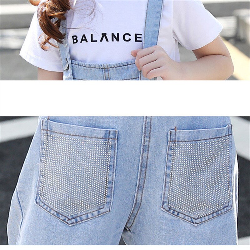 Sommer freundlicher Mädchen Denim Hosenträger Hosen Schulter Gurt Kalb-Länge Hosen Jugendliche Mädchen Jahrgang Jeans Insgesamt mit Kristall Tasche