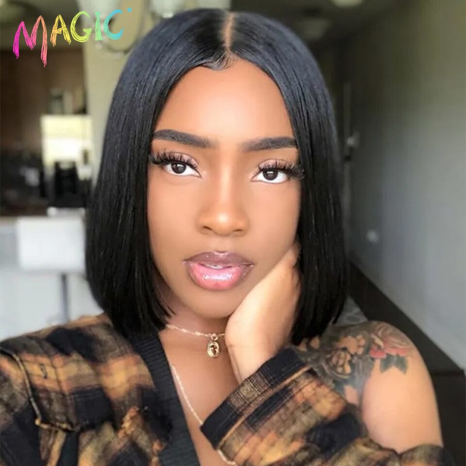 Magic 11inches Black Bob Wig Middle Part Synthetic Front Lace Wig For Black Women High Temperature Heat Resistant Fiber Hair